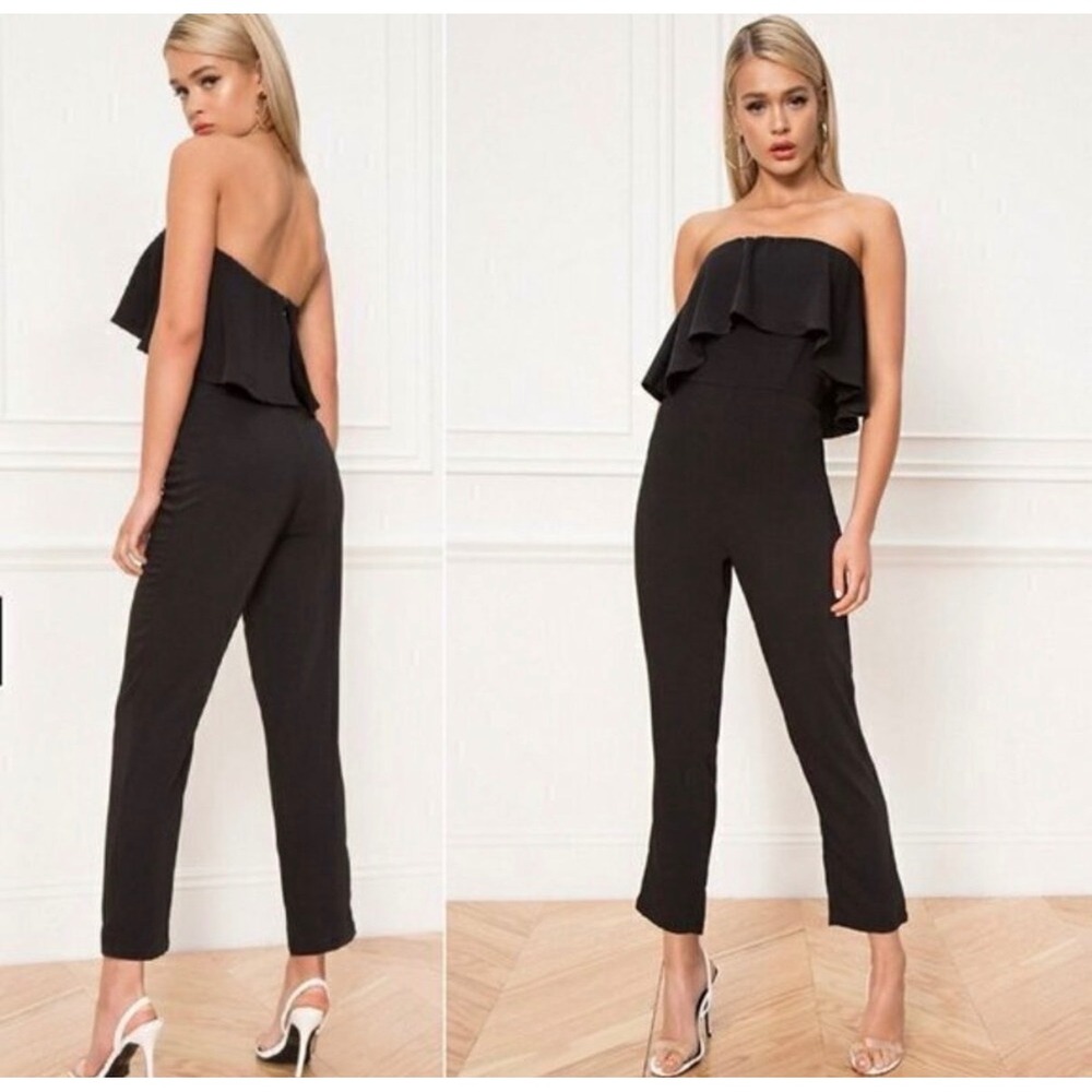 REVOLVE Superdown Black Off The Shoulder Ruffle Jumpsuit Small Slim Leg Bardot